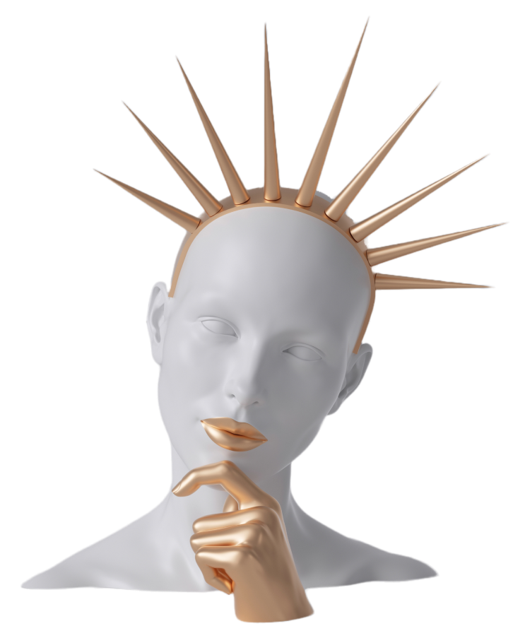 Main White Girl mannequin with gold hand and a gold crown on transparency fone